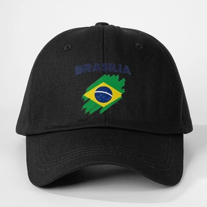 Classic black cotton baseball cap featuring blue Brasilia text and Brazilian flag print