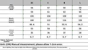 Size chart for glossy loose jacket with measurements for XS to L in centimeters