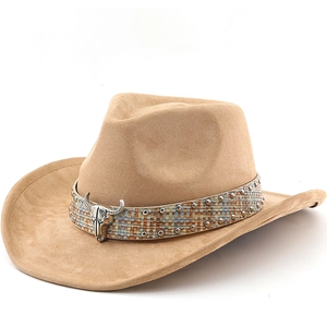 Vintage Western Cowboy Hut Wildleder Breitkrempig Geflochtenes Band Metall Stierschädel Nieten Böhmischen Ethno Jazz Stil