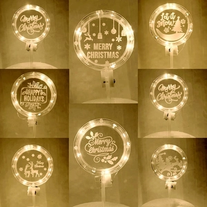 LED Luminous Cake Topper Acrylic Glowing Christmas Round Decoration Happy New Year Party Supplies