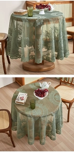 Detail of green lace tablecloth with ruffled edges and intricate floral mesh patterns