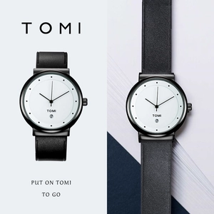 Minimalist TOMI watch with white dial, black leather strap and date display function