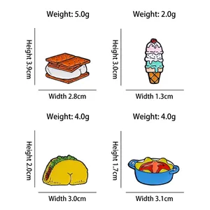 Cartoon enamel pin set featuring biscuit, ice cream, taco, and pot icons on white background