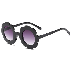 Kids flower shaped sunglasses with black petal frames and purple gradient lenses