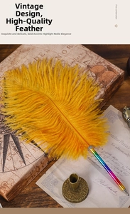 Detailed close-up of a vintage yellow feather dip pen with rainbow gradient metallic barrel