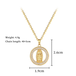 Detail of gold titanium portrait pendant with crystals, dimensions and weight info