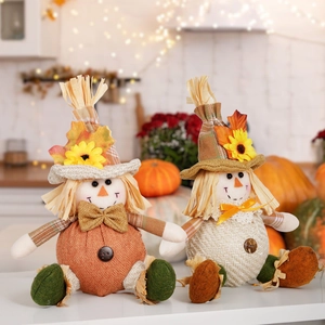 Autumn Harvest Scarecrow Plush Doll Ornaments Burlap Fabric Straw Sunflower Maple Leaf Thanksgiving Home Festive Decoration