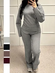 Women Long Sleeve Top And Wide Leg Pants Casual Lounge Outfits Polyester Solid Color Decorative Seam Details Autumn