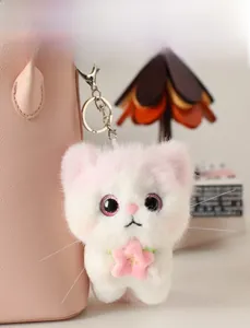 Detail of plush cat charm on pink bag with sparkly pink eyes and star accessory