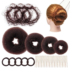 Brown hair styling set including bun makers, nets, ties and U-pins on white background
