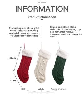 Detailed view of large knitted Christmas stockings in red, white and green plush fabric