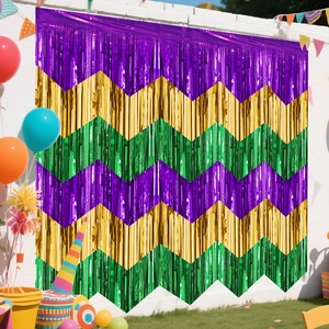 Detail of purple, gold, and green wavy fringe curtain for festive party backdrop decor