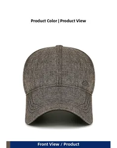 Detail of grey textured fabric baseball cap with mountain emblem and curved brim stitching