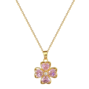 Elegant gold titanium steel necklace with pink heart-shaped clover pendant and crystals