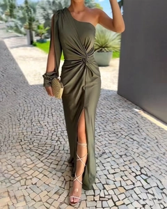 Olive green satin one-shoulder maxi dress with side slit and waist knot detail