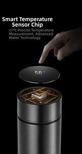 Detail of smart LED lid showing real-time temperature display on a dark gray thermal flask