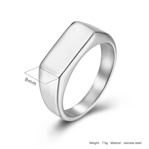 Macro detail of 8mm stainless steel signet ring with weight and material specifications