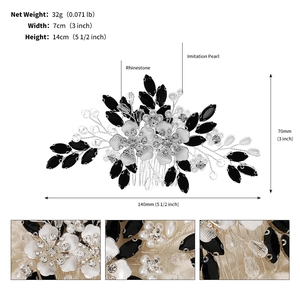 Detailed specs of bridal hair comb with black leaves, white flowers and rhinestones