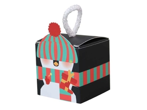 Detail of a black 5.5cm square Christmas gift box with cute cartoon penguin pattern