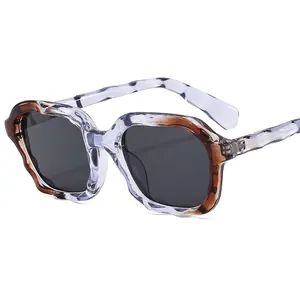 Fashionable wave frame sunglasses with transparent purple texture and grey lenses