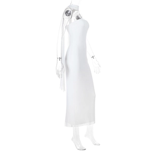 Detail of white slim fit off-shoulder maxi dress with mesh ribbon scarf on model