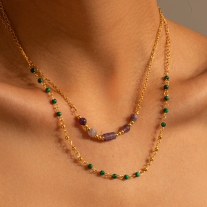 Double-layered 18K gold plated stainless steel necklace with green turquoise and purple beads
