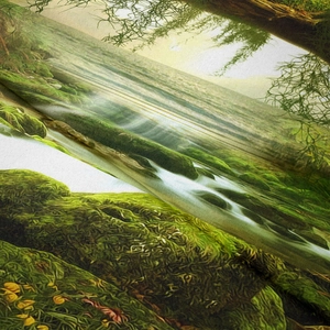 Detail view showing soft fabric texture and sharp forest stream digital print on tapestry