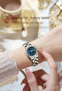 Macro detail of dual-calendar ladies' watch with faceted bezel and navy blue dial