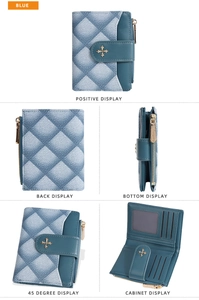 Detailed views of blue quilted small wallet showing interior slots and metal cross buckle