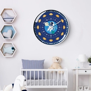 Astronaut space themed silent wall clock for kids with blue starry sky and 24h scale