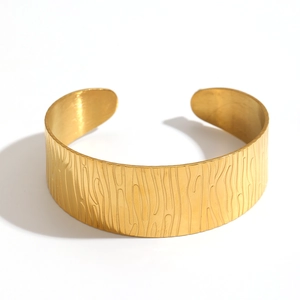 Fashionable gold open cuff bangle with hollow tree bark texture for men and women