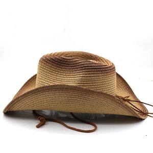 Detail of wide brim western straw hat with woven cord and brown gradient texture