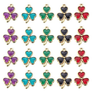 Macro detail of alloy clover pendants in five vibrant colors for DIY jewelry making