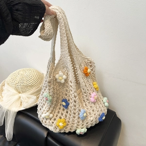 Women Crochet Tote Bag Knit Hollow Out Shoulder Bag Large Capacity Summer Beach Vacation Textured Flower Decor Handbag