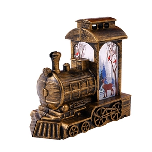 Lanterne train du Père Noël lumineuse en bronze avec décor de cerf et paysage enneigé