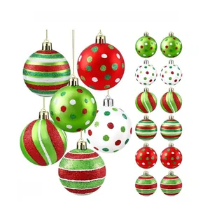 Set of 18 Christmas balls with 6cm diameter in red green and white striped glitter patterns