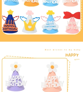 Detail showing colorful felt party hats with Happy Birthday text and angel wing designs
