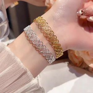 Bracelet Manchette Tissé Évidé Élégant En Cuivre Métal Ouvert Pour Femmes Design De Dentelle Florale Vintage Chic