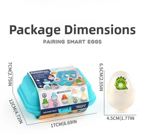Detailed size chart of blue egg sorter box and dinosaur matching educational toys