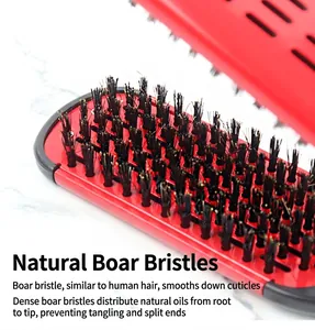V-shaped hair straightener brush with natural boar bristles for smooth hair styling