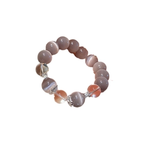 Natural cat eye stone beaded bracelet with amber crystals and silver floral accents