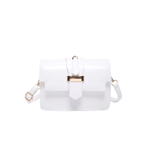 Minimalist white leather small square crossbody bag with elegant gold metal buckle hardware