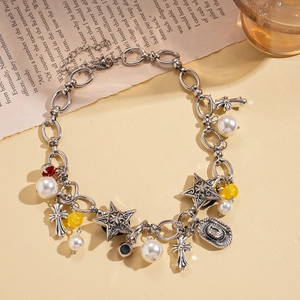 Vintage silver chain necklace with cross, star, pearl, and mini cowboy hat pendants