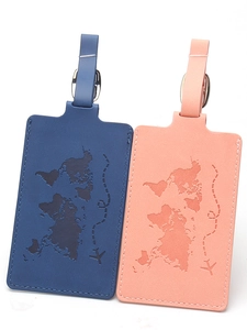 World map luggage tags set in navy blue and coral pink PU leather with airplane design