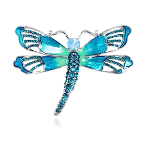 Dragonfly brooch in silver alloy with blue enamel wings and sparkling rhinestones