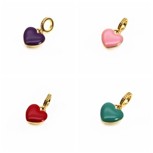 Detailed view of colorful enamel heart charms in purple, pink, red, and dark green with gold loops