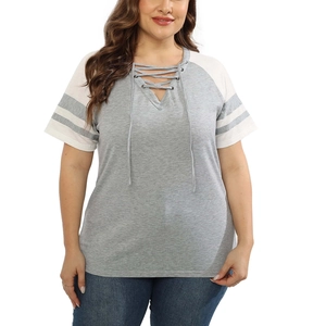 Detail of plus size V-neck T-shirt with lace-up front and grey color blocking