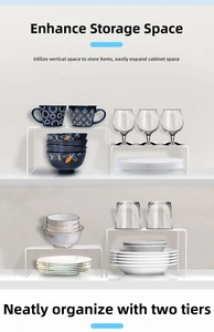 Close-up of white U-shaped acrylic shelf maximizing vertical cabinet storage space