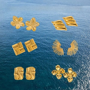 Stainless Steel Earrings Gold Flower Wave Geometric Textured Vintage Summer Beach Jewelry For Women