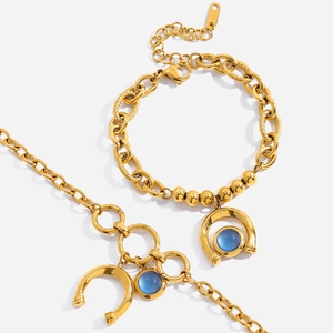 Equestrian Horseshoe Pendant Bracelet 18K Gold Plated Stainless Steel Blue Resin Jewelry For Women Adjustable